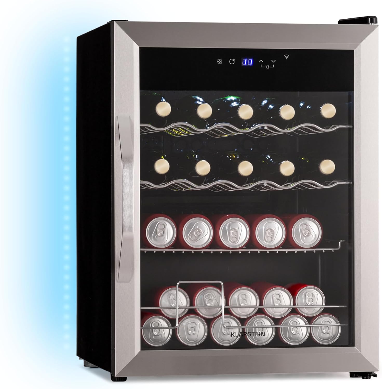 Klarstein Coachella 65 Drinks Fridge - 60 L WLAN Enabled, LED Lighting, Stainless Steel, Whisper Quiet, 3-18 °C, Removable Shelves, Drinks Fridge with Glass Door