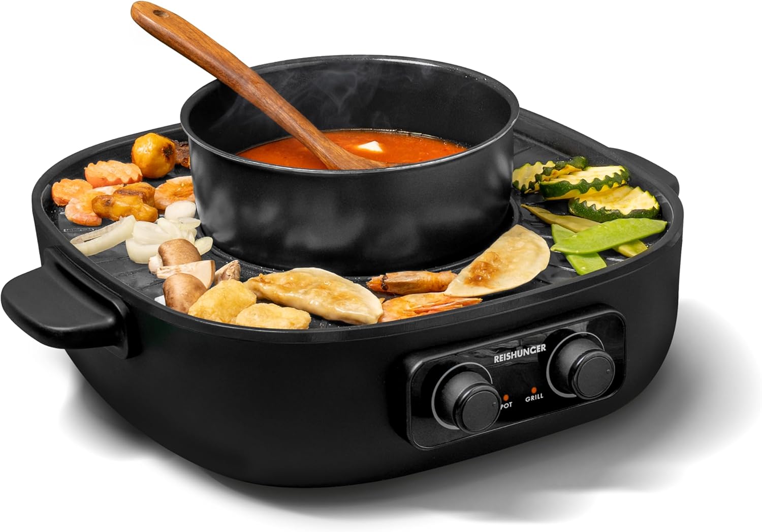 REISHUNGER Electric Hot Pot with Grill Function - For 2-4 People - 2 Liter Capacity - Hot Pot with Lid - for Korean BBQ