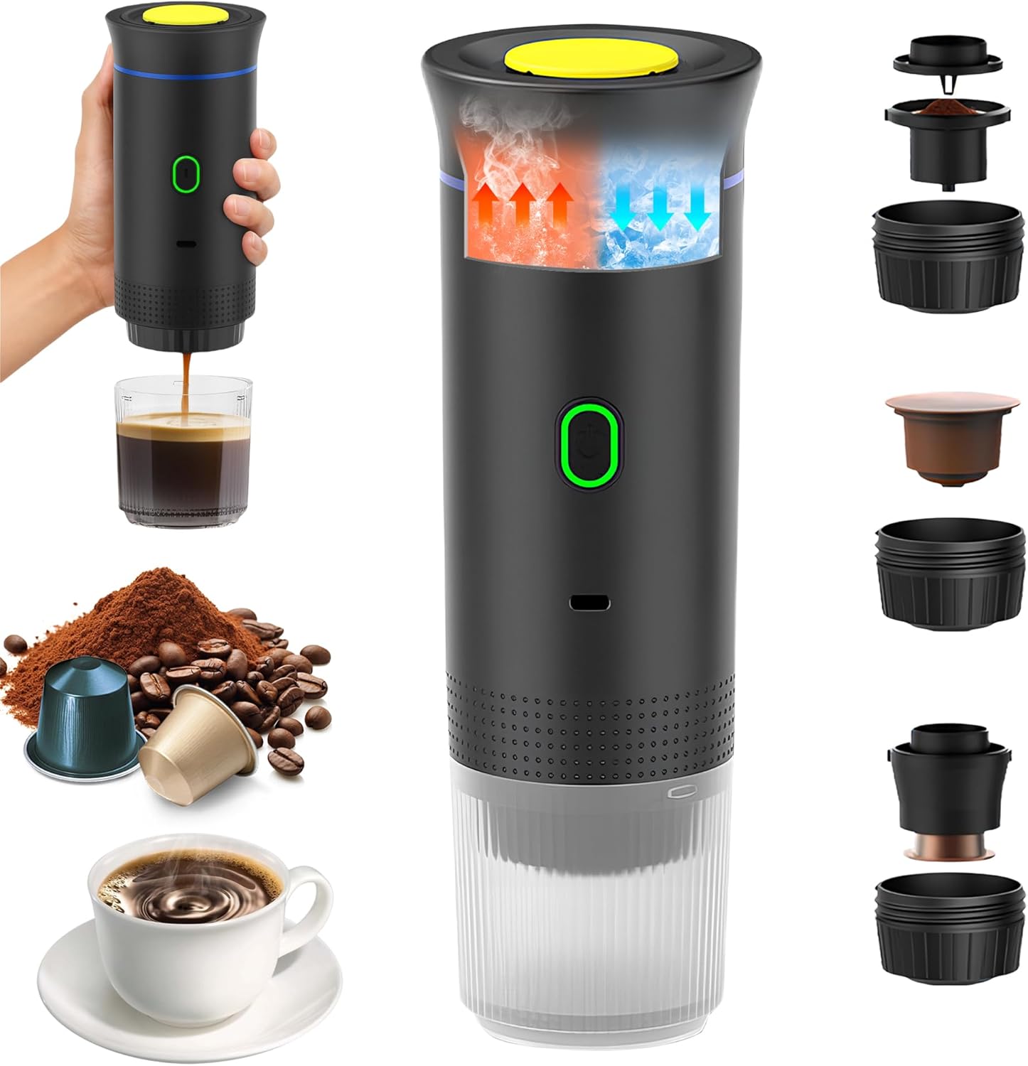 Umisu Portable 3-in-1 Electric Espresso Machine, Capsule Machine and Ground Coffee, Espresso Machine, Electric Fast Heating, for Office, Travel, Camping, Home (Black)