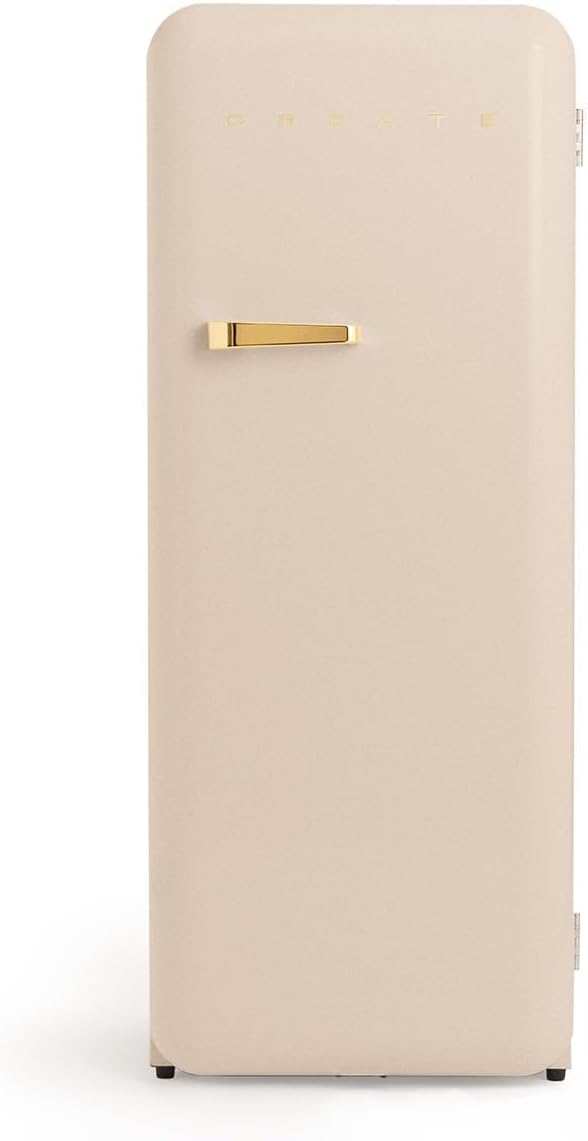 CREATE Retro Friend 150 Gold Fridge Freezer 281 L in Sand, Gold Handle / 102 W, Low Energy Consumption, 150 cm, 3 Shelves, Temperature Control, 60 x 60 x 150 cm