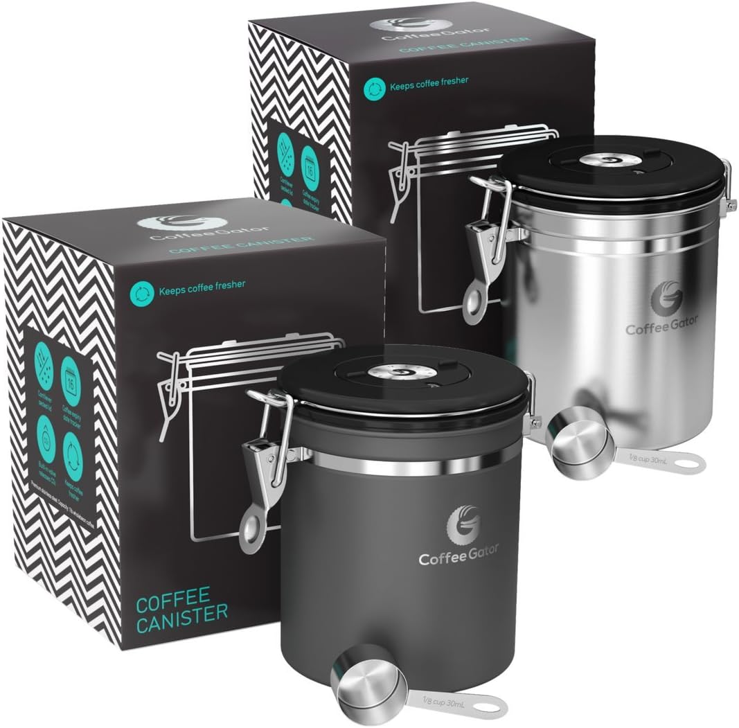Coffee Gator Stainless Steel Coffee Canister - Keeps Ground Coffee and Beans Fresh Longer - Container with Date Tracking, CO2 Release Valve and Measuring Spoons (Large, Grey)