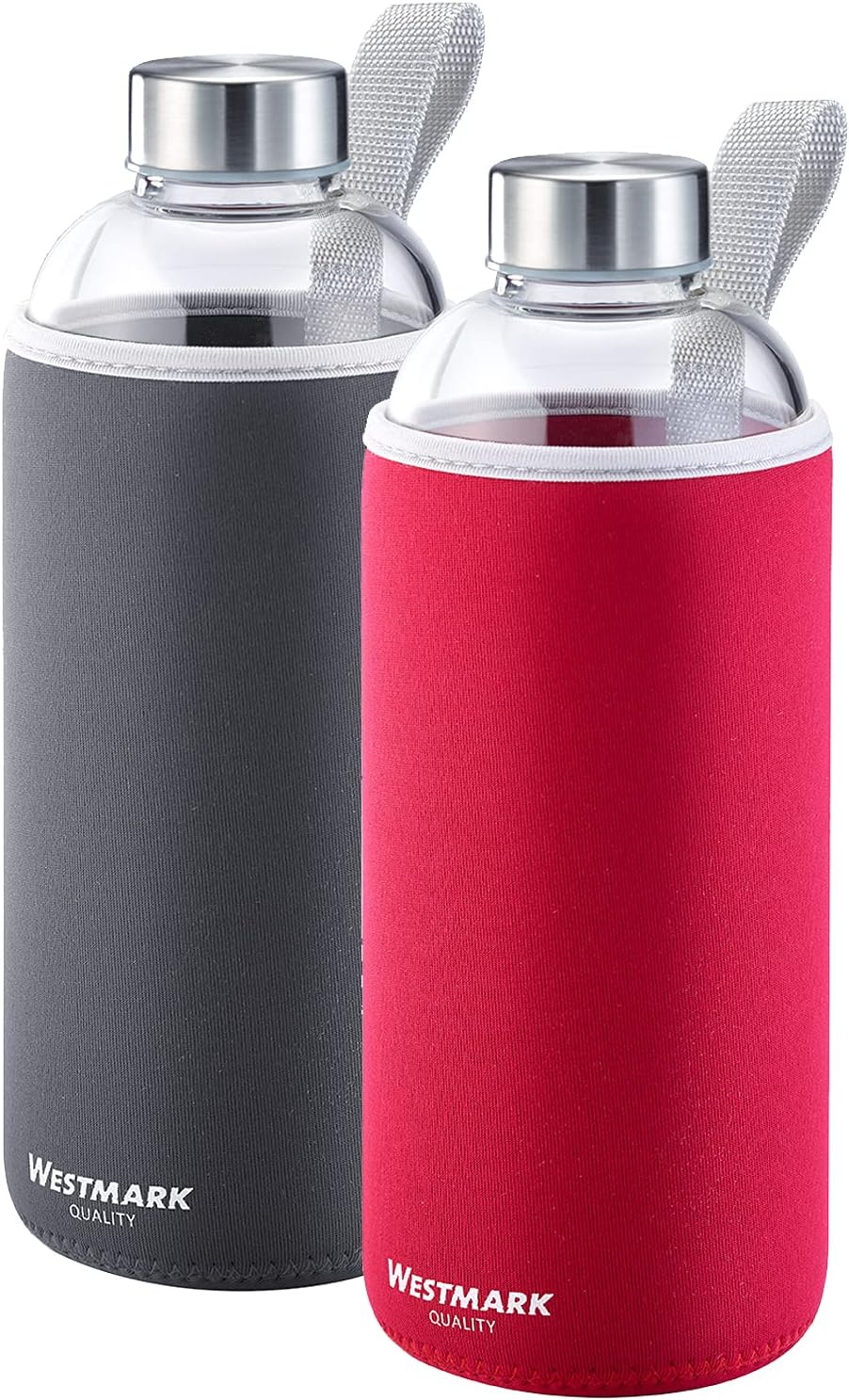 Westmark 527422E8 Drinking Bottle Set of 2 Glass with Print and 1 Protective Cover 1000 ml Glass / Silicone / Rubber BPA-Free Viva Red / Anthracite / Silver / Clear