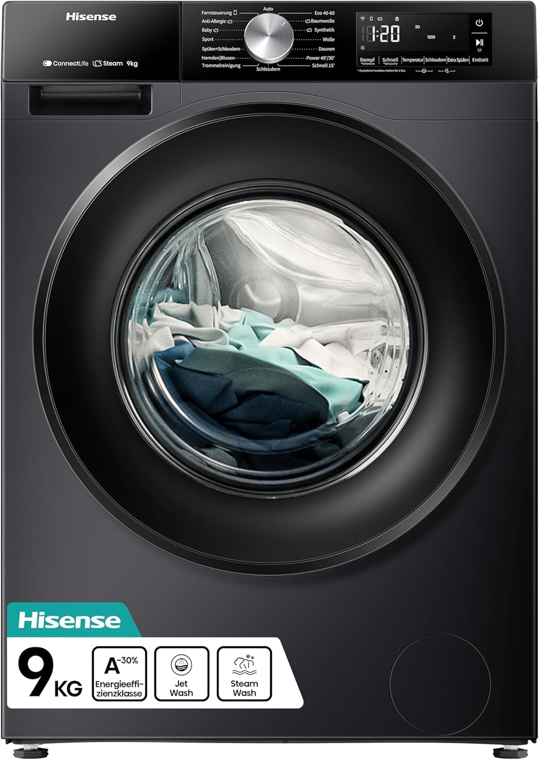 Hisense WF3S9043BB3 Washing Machine with Steam Function, 9 kg, 1400 rpm, WiFi, ConnectLife, Power JetWash, Anti-Allergy Program, Aqua Stop, Auto Wash, Quick Wash, Energy Efficiency A-30 Percent