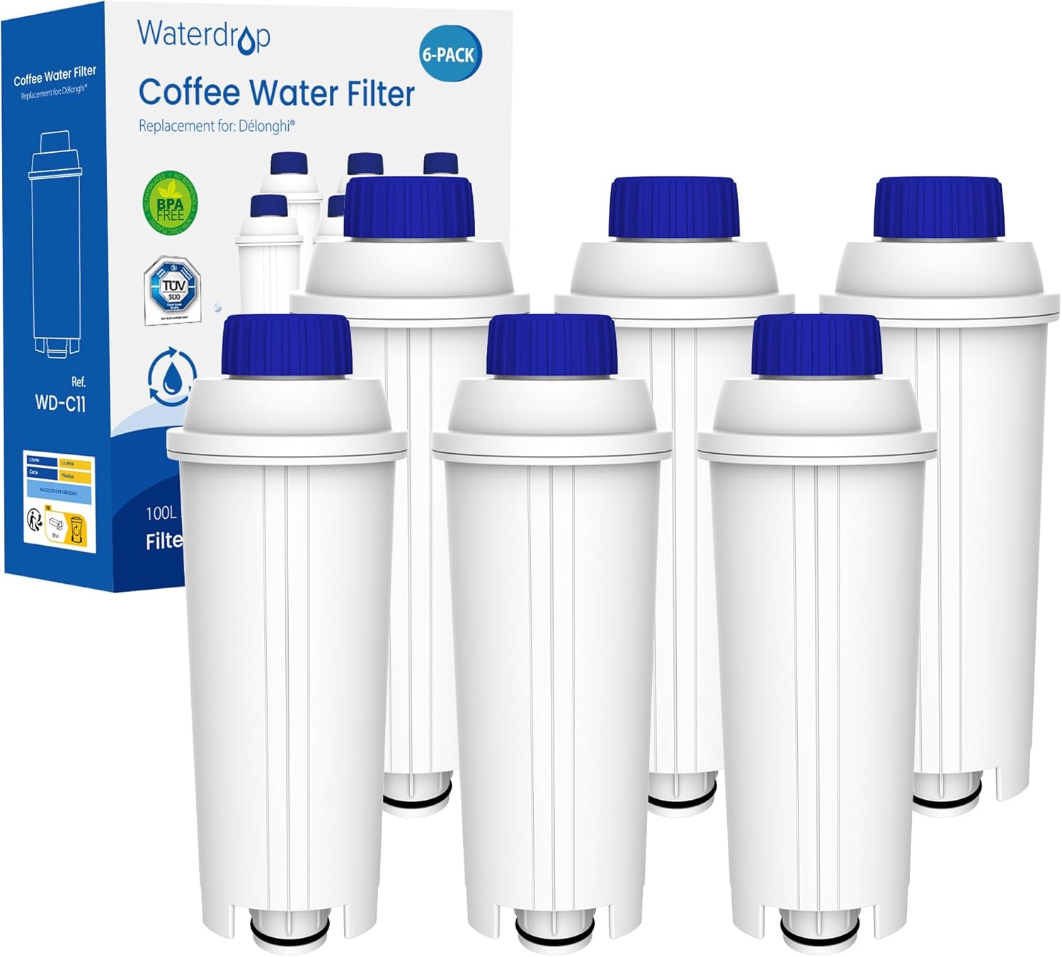 Waterdrop Water Filter, Replacement for DeLonghi Coffee Machine ECAM, Eletta, Dinamica, DLSC002, Magnifica, ETAM Autentica and Various Esam Models (6)