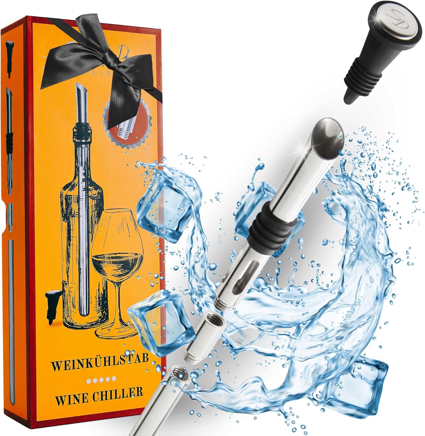 SIMPLEX DOMO 4-in-1 Wine Cooling Rod Premium Set - 100% Stainless Steel Pourer & Wine Cooler, Includes Extension & Bottle Stopper - Dishwasher Safe - Elegant Gift Box