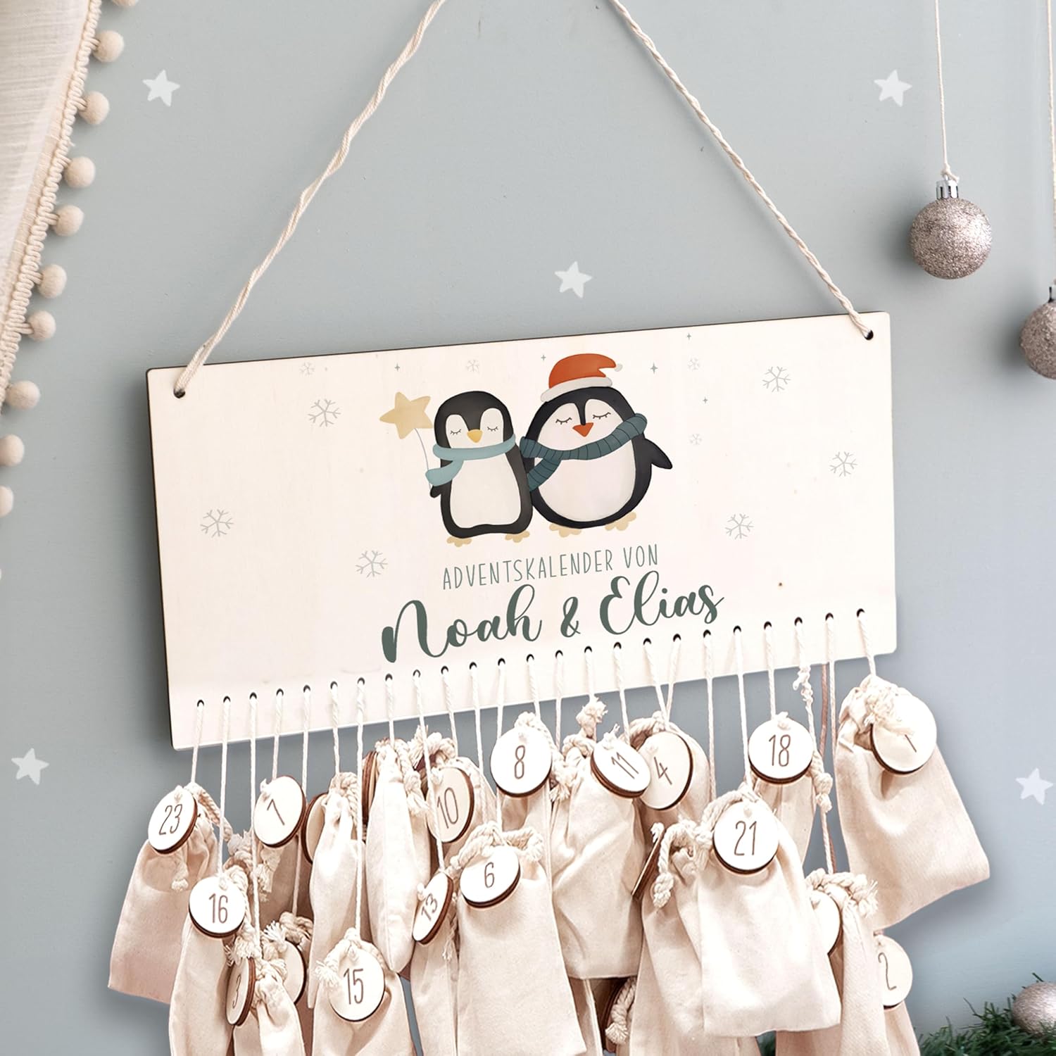Advent Calendar Personalized for Children | Wooden Advent Calendar to Fill | Wall Mounted Christmas Calendar DIY with Name | hellomini (Penguin's Siblings)