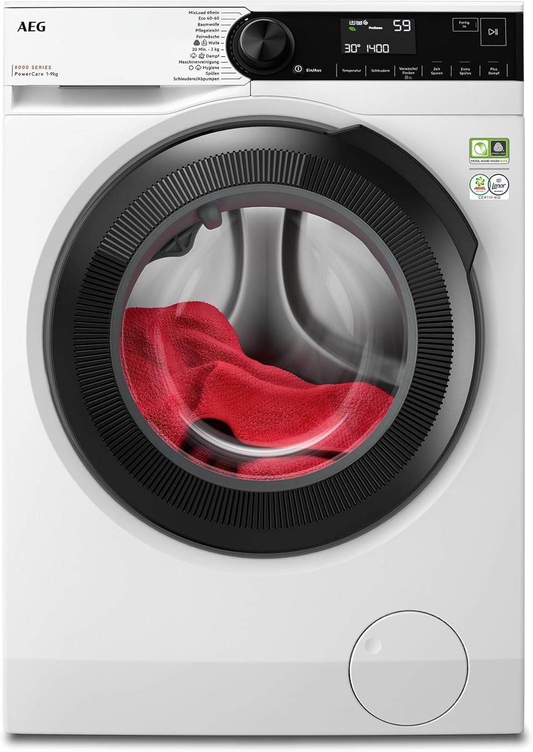 AEG LR8AMZ49FL Washing Machine, Series 8000 with PowerCare®, ÖKOMix, Fibre Protection, ProSteam®, Refresh Function, 9.0 kg, Quiet, Automatic Volume, Refill Function, Child Lock, 1400 rpm