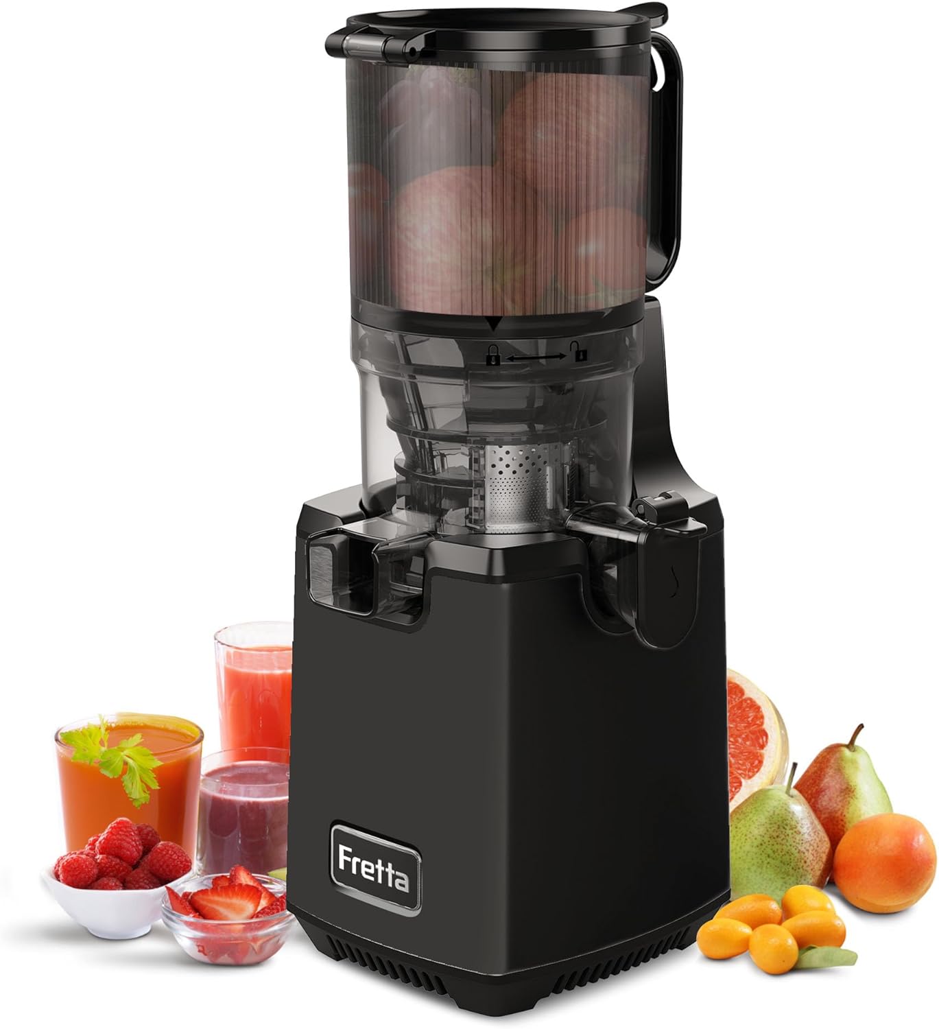 Fretta Juicer Slow Juicer Machine, Juicer Vegetable and Fruit Test Winner, 135 mm Opening and 1.8 L Electric Juicer with Reverse Function, Easy Assembly and Cleaning, 100% BPA Free, 250 W, Black
