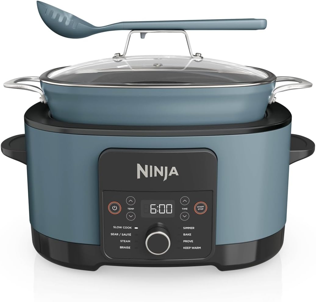 Ninja Foodi PossibleCooker (8 L), 8-in-1 Digital Multicooker & Slow Cooker with Pot, Steam Insert, Spoon & Glass Lid, Slow Cooker, Steaming, Searing, Baking, 8 Servings, Sea Salt Grey, MC1001EU