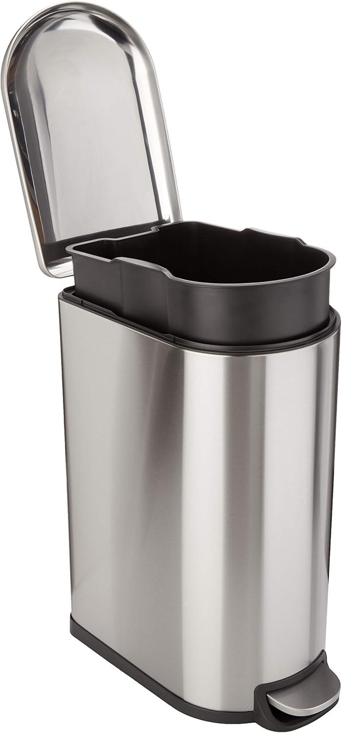 Amazon Basics 40 L/10.5 Gallon Rubbish Bin with Steel Tube Pedal - Soft Close with Lid for Kitchen, Bathroom or Office, Rectangular, Stainless Steel, Silver