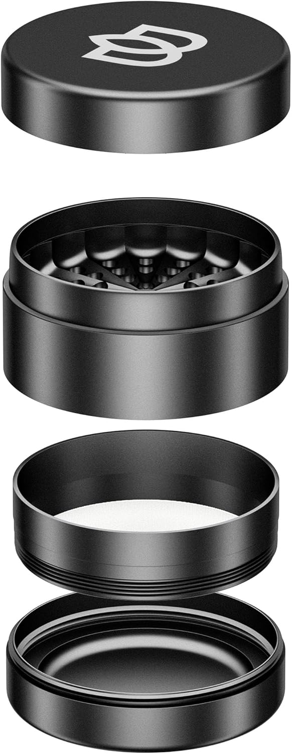 Bloomint Store Bloomint Apollo Aluminum Grinder Metal 63 mm 4-Piece Large Grinder for Herbs, Spices and Herbs, Crusher with Pollen Compartment (Black)
