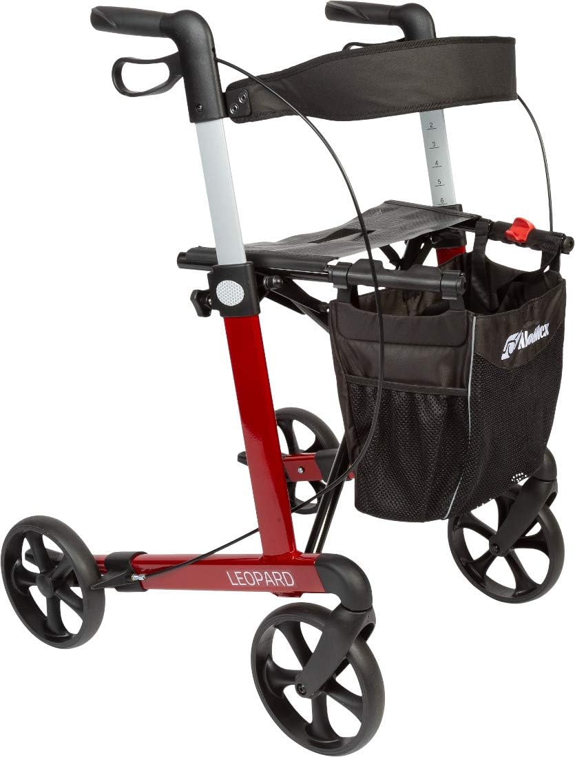FabaCare Leopard Rollator with Single Hand Brake Left Right Lightweight Folding Walker with Full Equipment up to 150 kg (Red)