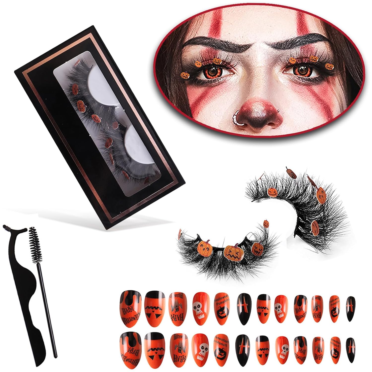 Chlffua Halloween and Halloween Nail Set, Mink Hair with Pumpkin, Self-Adhesive Eyelashes with Tweezers and Mascara False Eyelashes Brush, Perfect for Halloween Party