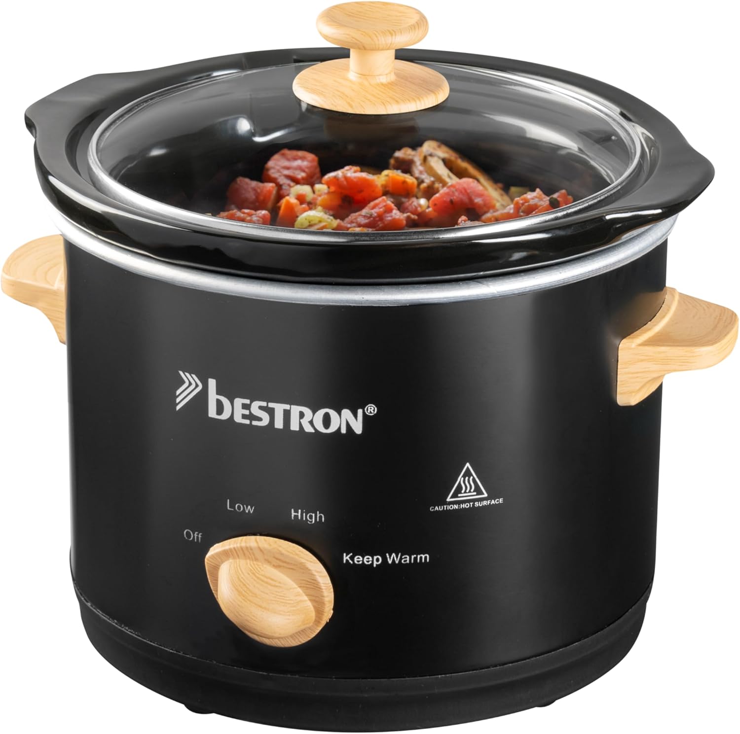 Bestron Slow Cooker for 2 People, Slow Cooker with Ceramic Pan and Glass Lid, 3 Level Thermostat, Ideal for Many Dishes such as Meat, Soups & Vegetables, 1.5 Liters, Black & Wood, Colour: Black/Wood