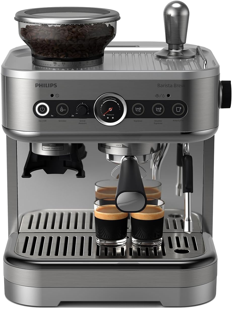 PHILIPS Store Philips Barista Brew Semi-Automatic Espresso Machine - Single & Double Espresso + Americano Button, 250 g Bean Container, Intuitive Guide, Calibrated Stamping, Metal Silver (PSA3218/01)