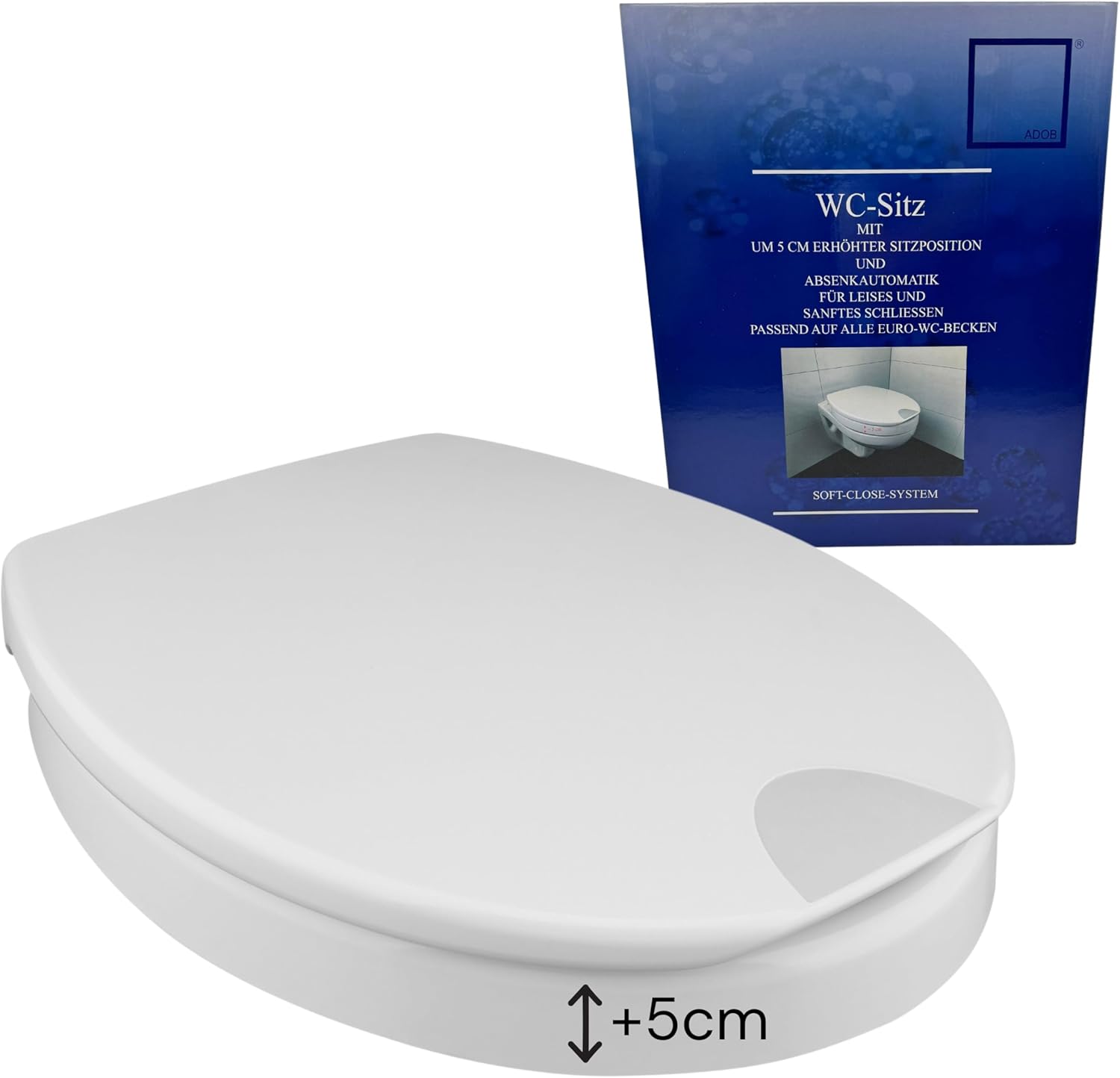 ADOB Store ADOB, Mantova 56112 Toilet Seat Raised Toilet Seat Raiser by 5 cm with Soft-Close Mechanism, Maximum Load 250 kg, Comfortable Sitting and Standing Up Thanks to Raised Seating Position