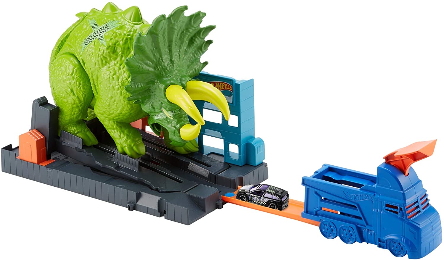 Hot Wheels Gbf97 City Triceratops Attack, Dinosaur Play Set With Starter An