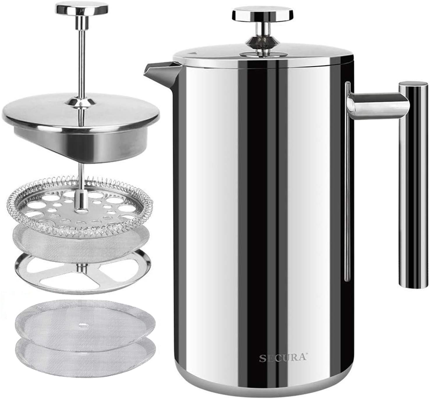 Secura French Press 304 Stainless Steel Insulated Coffee Maker with 2 Additional Screens 50 oz (1.5 L) Silver