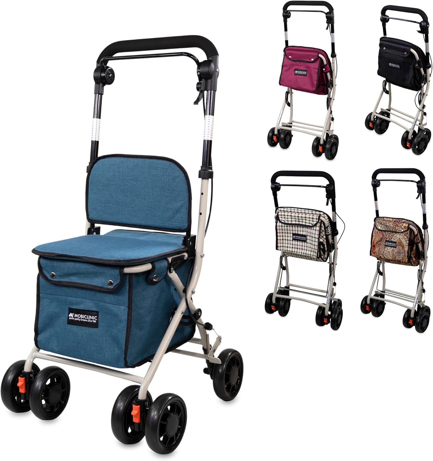 Mobiclinic, Rollator with Large Shopping Bag and Seat, 21 L, Foldable Lightweight, Coliseo, Shopping Trolley, Double Brake System, 4 Wheels, Made of Steel, Sturdy