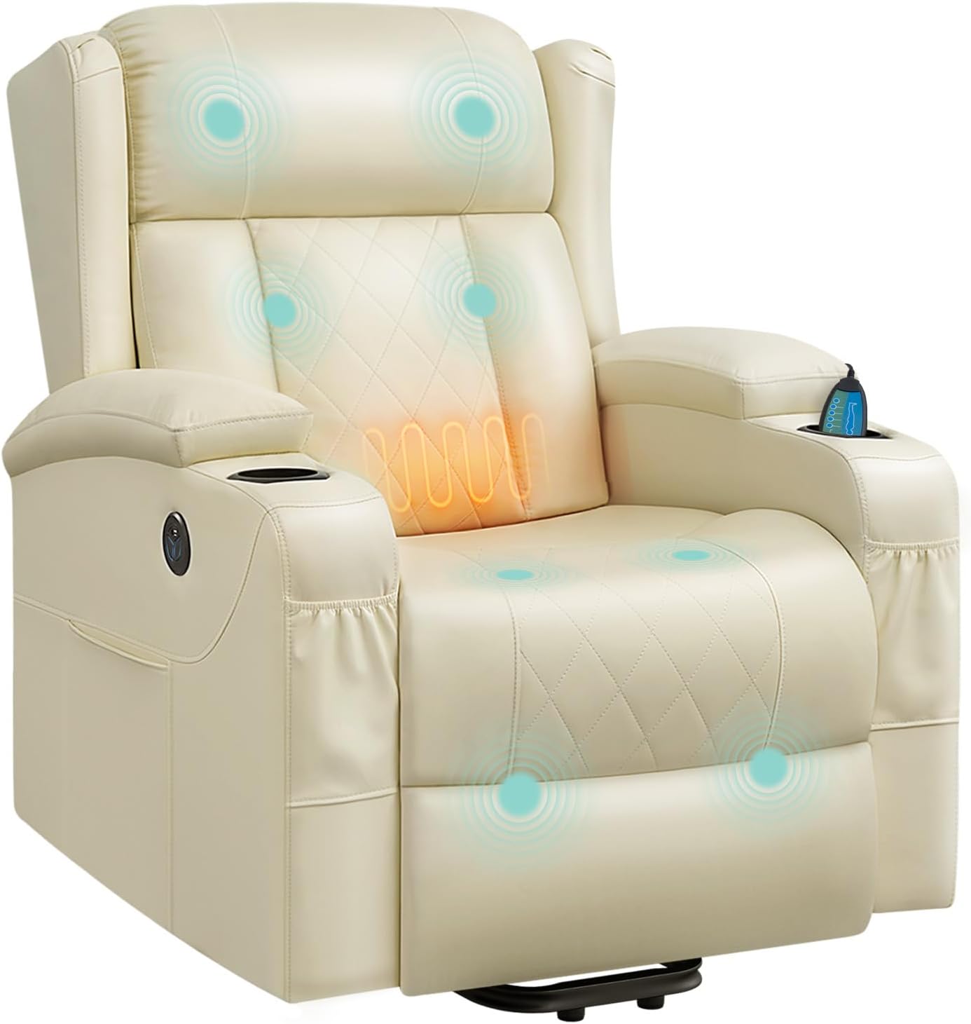 WOLTU Store WOLTU Massage Chair, Electrically Adjustable, Reclining Function, Standing Aid, Massage Heating, Footrest, Side Pockets, Cup Holders, USB Port, Faux Leather, Beige
