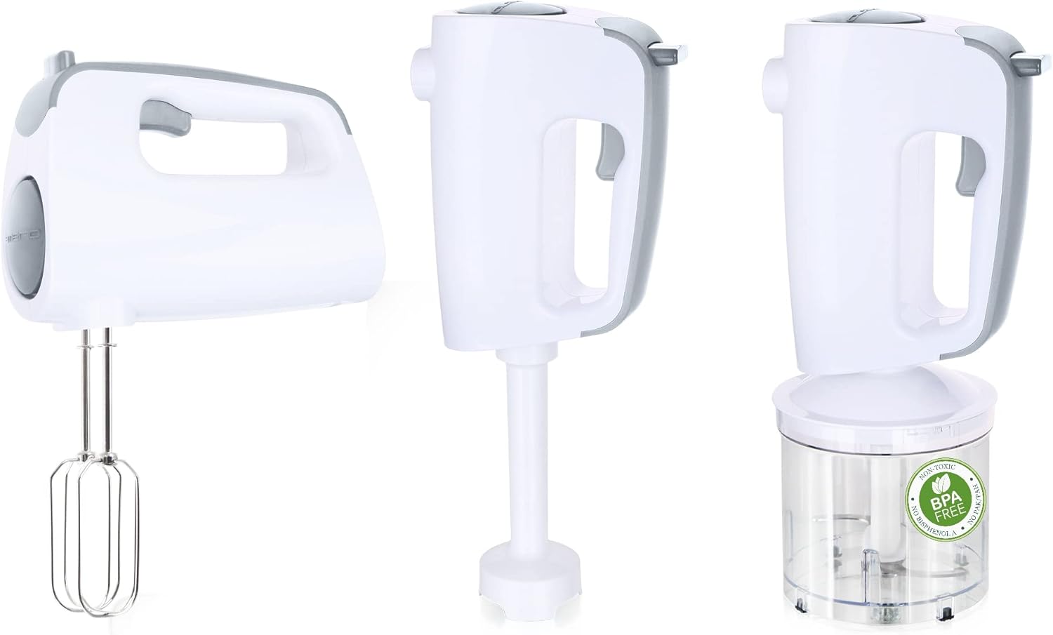 Emerio Hand Mixer Set with Revolutionary 1-Finger Speed Control, Whisk Mixer Chopper, 3-in-1, Easy to Use, Powerful 300 Watt, BPA-Free, Soft Handle, Easy to Clean Grey