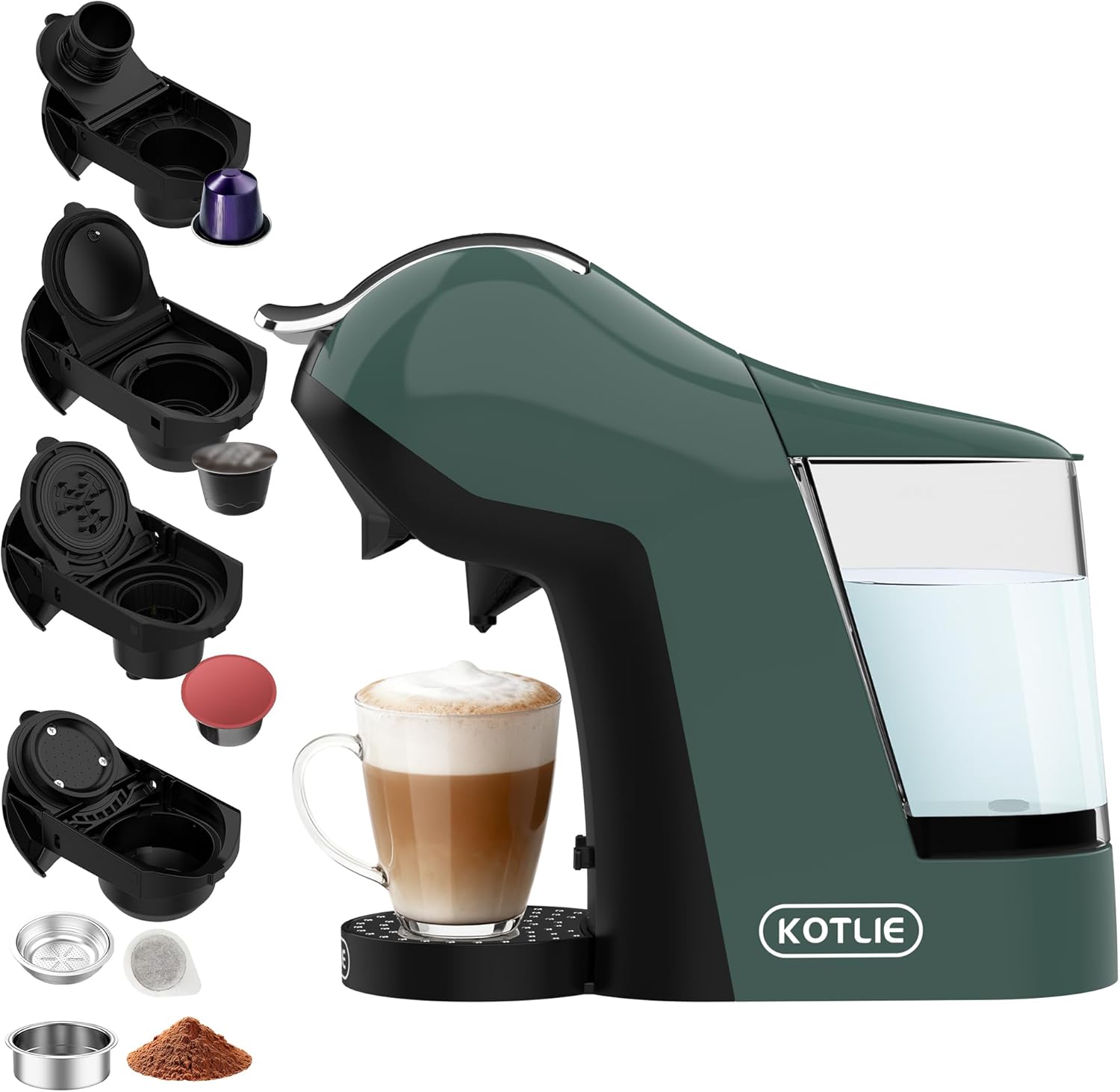 KOTLIE Store KOTLIE 5-in-1 Capsule Coffee Machine 19 Bar, Multi-Capsule Machine for Nespresso Original/Dolce Gusto/ESE Pads (44 mm)/Coffee Powder, 1 L Water Tank, 3 Temperatures/7 Water Quantities, Green (EM-308B)