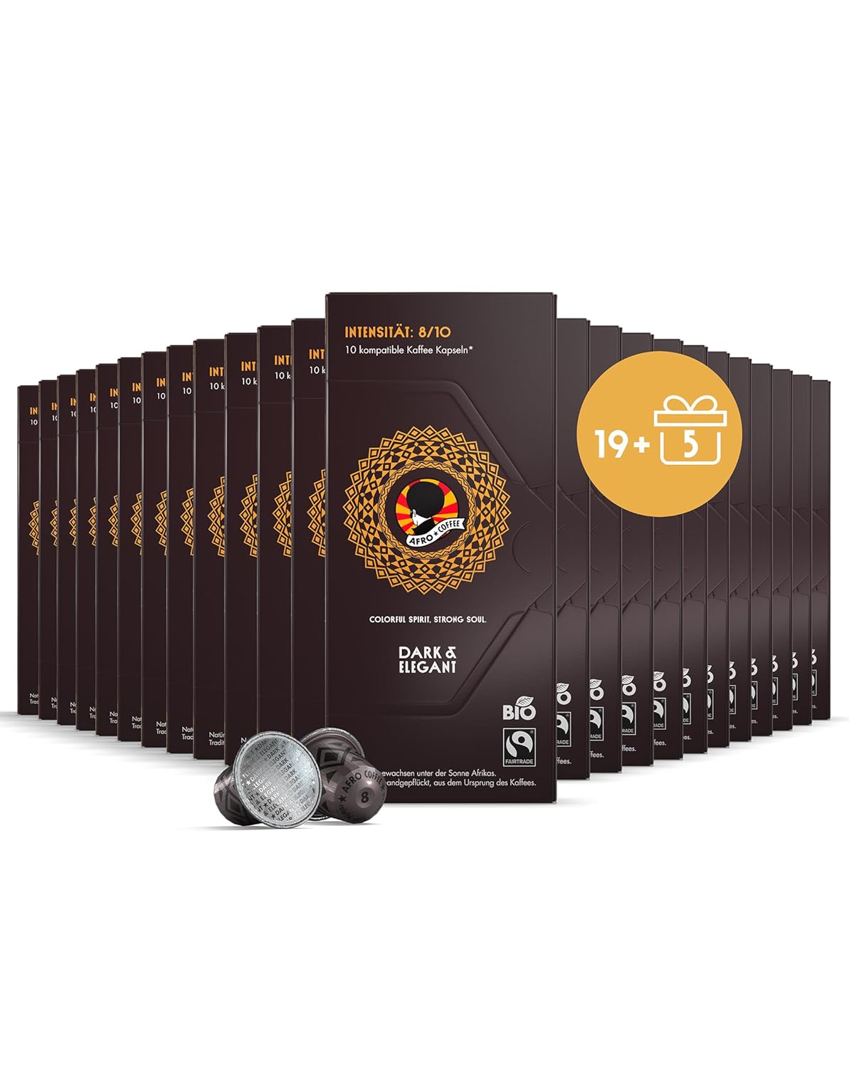 AFRO COFFEE Dark & Elegant Organic I Offer 19+5 I 240 Premium Coffee Capsules Fairtrade I 100% Arabica I in Compatible Coffee Capsules I Ethiopia I Bitter Chocolate I Dark Roasted & Low Acid