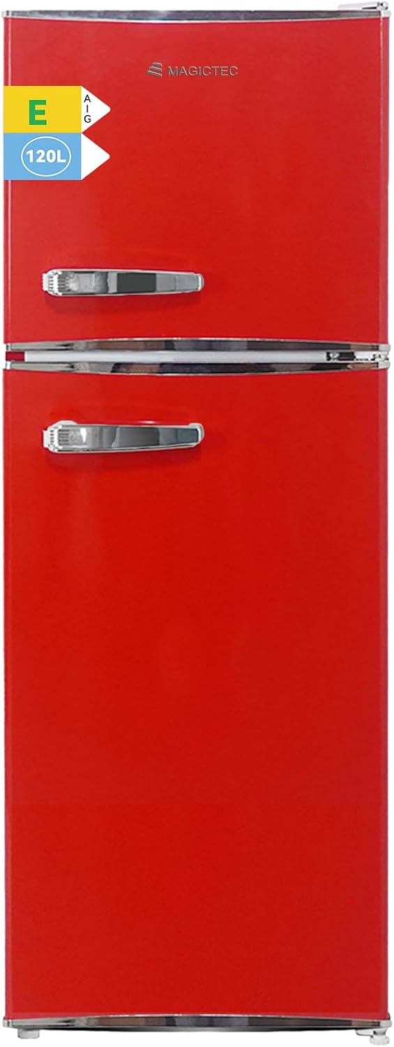 magictec Retro Fridge with Freezer, 120 L (88 L/32 L), Low Frost, Cool Freezer Combination, Vintage Design, LED Lighting, Red