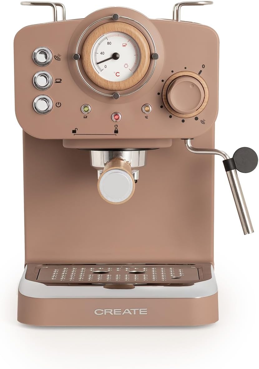 CREATE Thera Retro Semi-Automatic Coffee Machine Mocha Matt and Wood 20 Bar Pressure Pump, 1100 W, 1.25 L Water Container, for Ground Coffee, 55 mm ESE Pads, with Steamer, 1100 W