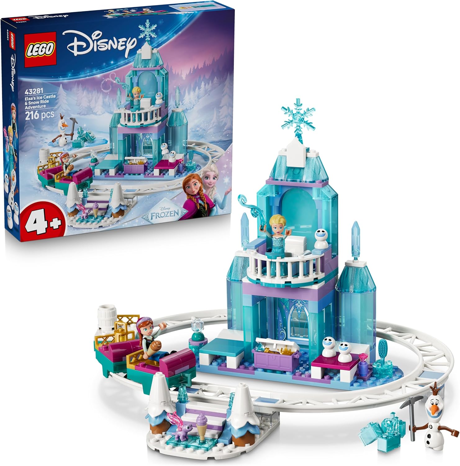 LEGO Disney Frozen Elsa\'s sleigh ride around the ice palace - toy including Anna and Elsa mini dolls, Olaf figure as well as railway tracks and snow cart - gift for girls from 4 years - 43281