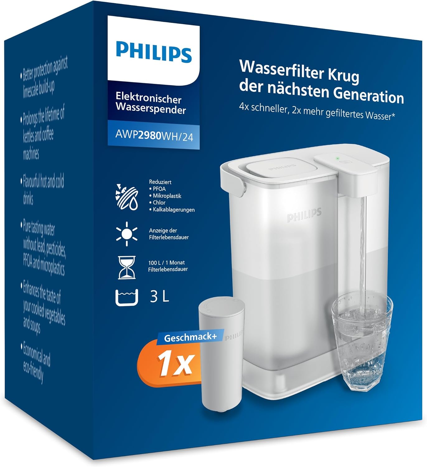 Philips Water Instant Water Filter Jug (3L) - Clean and Good Tasting Water in Seconds - Includes 1× Flavour + Filter, Reduces Chlorine & Lead, Retains Minerals