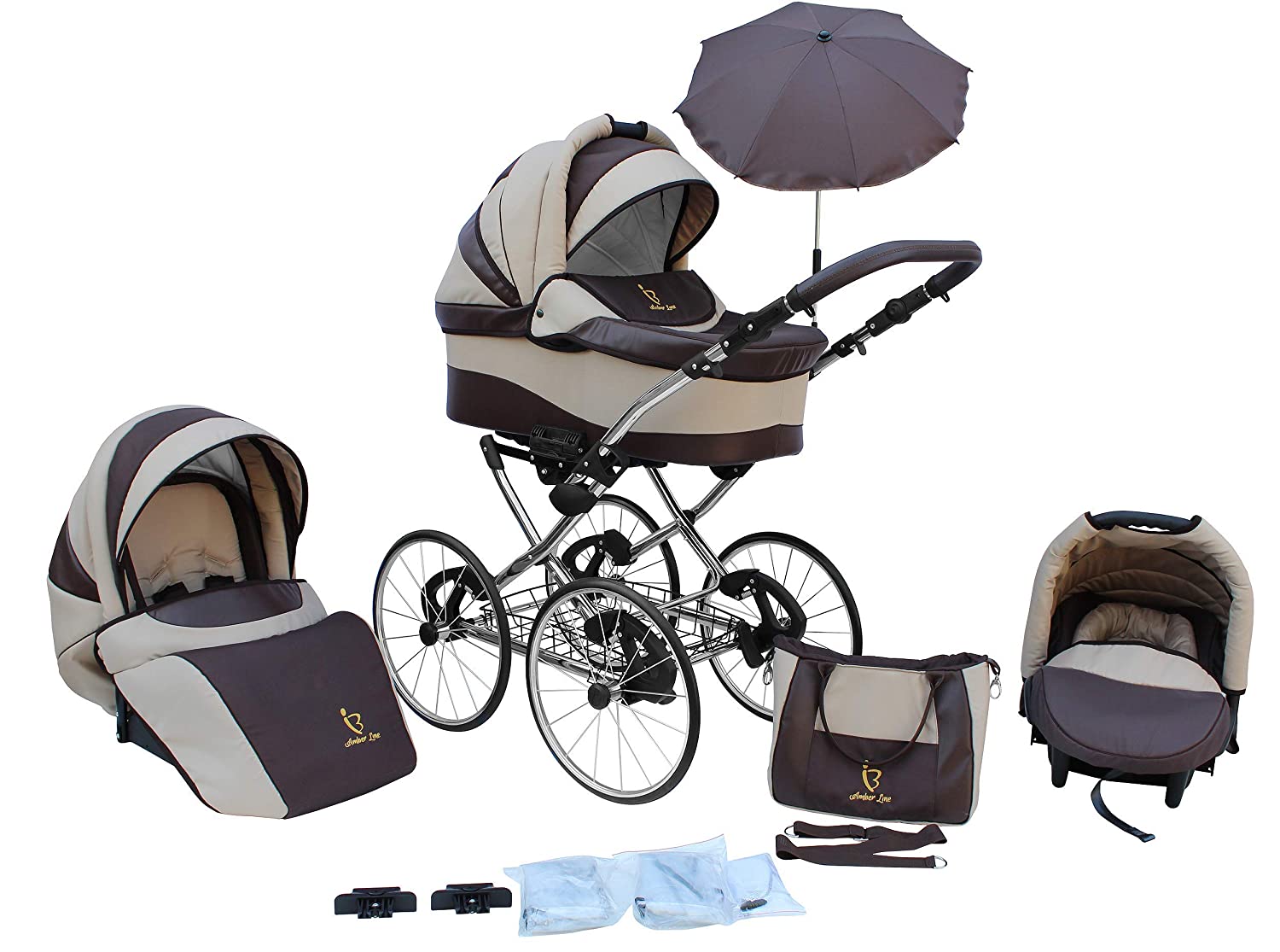 SKYLINE Classic Retro Style Combination Pram Buggy 3-in-1 Travel System Car Seat (Isofix) (Beige/17 Inch Hard Rubber Tyres)