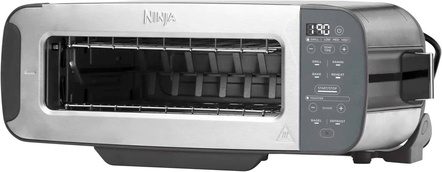Ninja Foodi ST202EU 3-in-1 Toaster Electric Grill with Lid, Panini Press with Flip Design, 7 Cooking Functions, 7 Toast Lines, Baking Tray and Crumb Tray, Stainless Steel