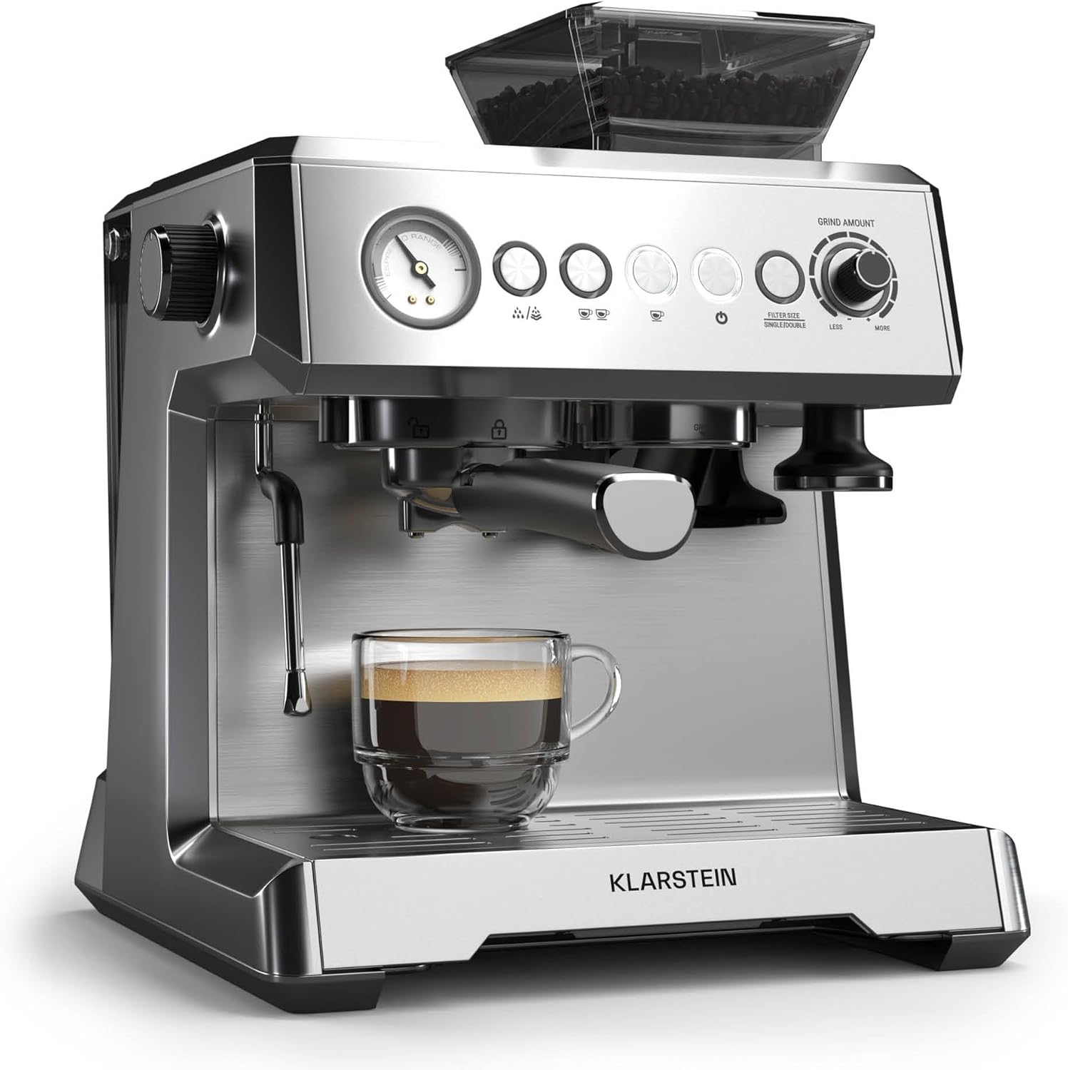 Klarstein GrandPresso Portafilter Machine with Grinder - 20 Bar, 1350 W, Integrated Precision Grinder, Steam Nozzle, 2.3 L Water Tank, Cup Warmer