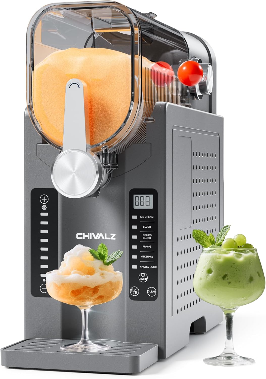 CHIVALZ Slush Machine, 2L Slushie Machine for Home Slushi, Frappé, Milkshake & Margaritas, No Ice Required, LED Display, Self-Cleaning, Grey, AD03, 6 Programs + 1 Pack