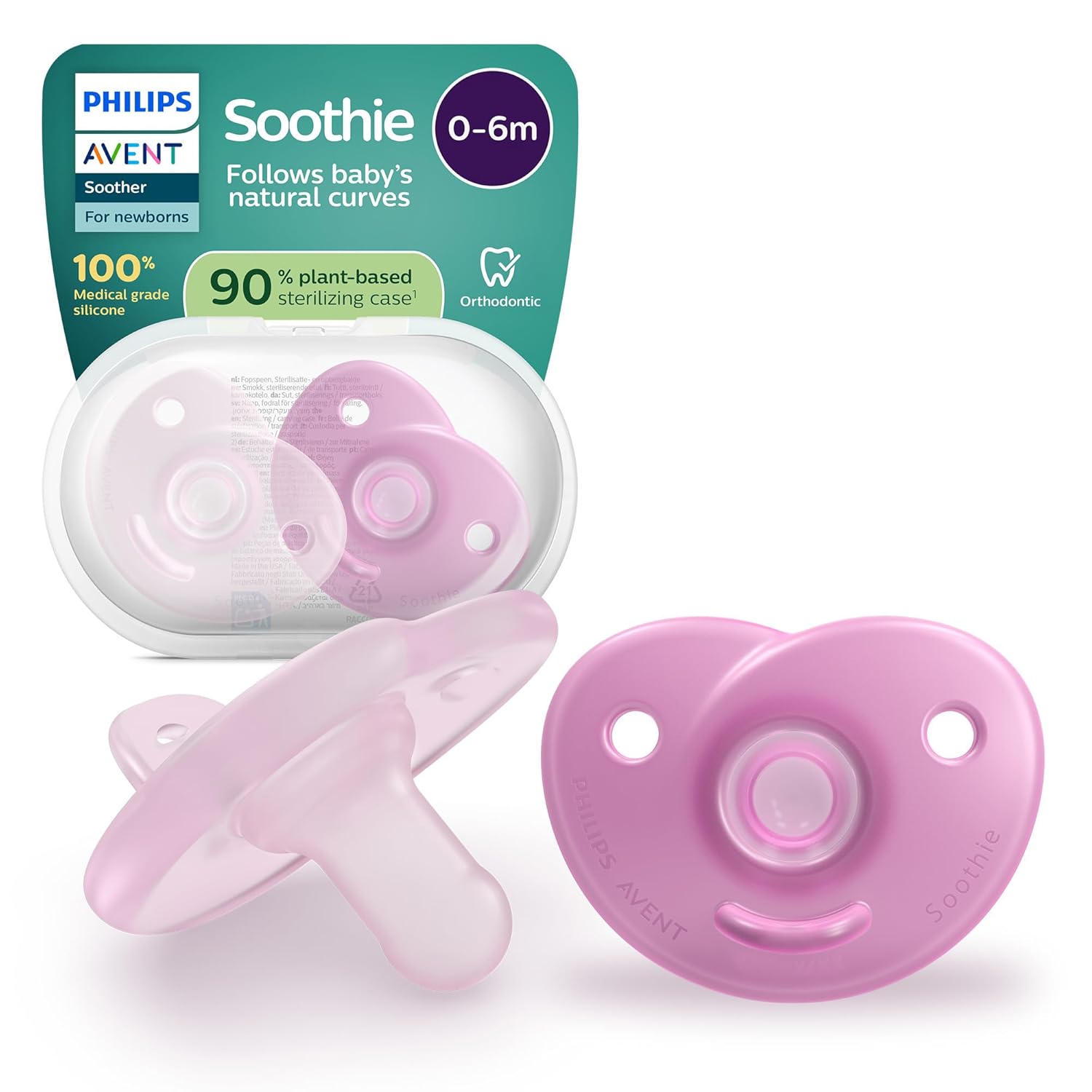 Philips AVENT Soothie Soothie Pacifier - One Piece Silicone Design Newborn Flexible Teat that Reduces Pressure on Teeth and Mouth, BPA Free, with Sterilization Container, Pack of 2, SCF099/27