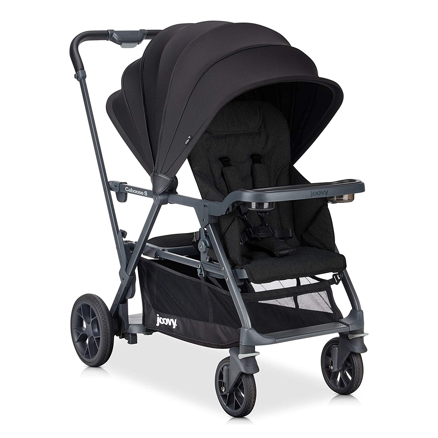 Joovy Caboose S Pushchair, Premium Seat and Standing Pushchair, Double Pushchair, Pushchair for Children of Different Ages Multifunctional Pushchair with Additional Accessories, Black M