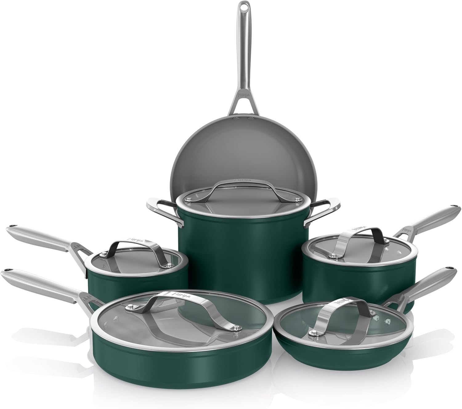 Ninja Ceramic Pro CW39011GN 11-Piece Non-Stick Cookware Set, Pots and Pans, Non-Stick, PTFE Free, Ceramic Coated, Oven Safe, All Hob Types and Induction Compatible