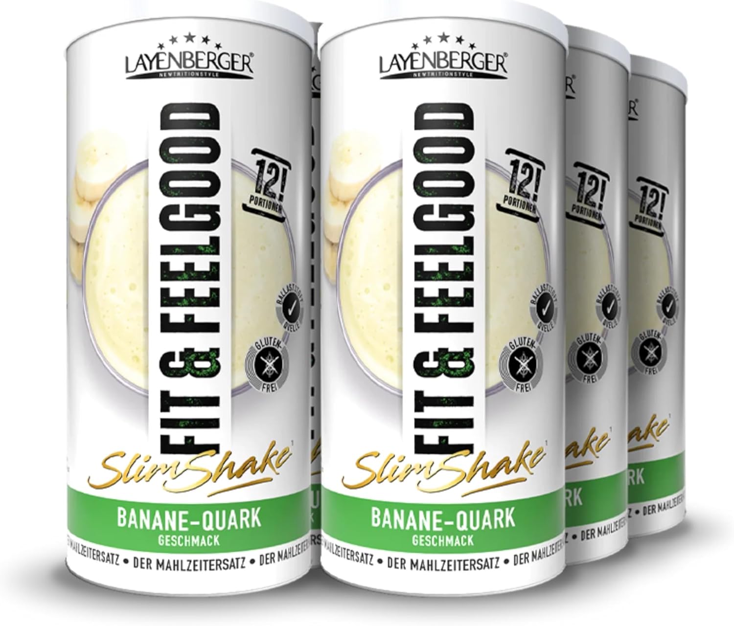 Layenberger Fit&Feelgood Slim Shake Powder, Meal Replacement for 72 Servings of 213 kcal (6 x 396 g) - Banana Quark