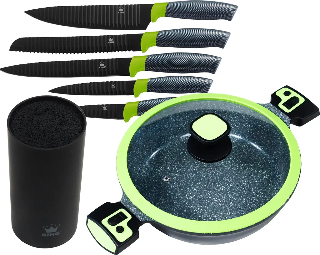 7-piece KING® value set: Ø28cm serving pan, approx. 7.5cm high, KING® Click-Grip Green + 6-piece KING® CARBON GREEN LINE knife set including knife block