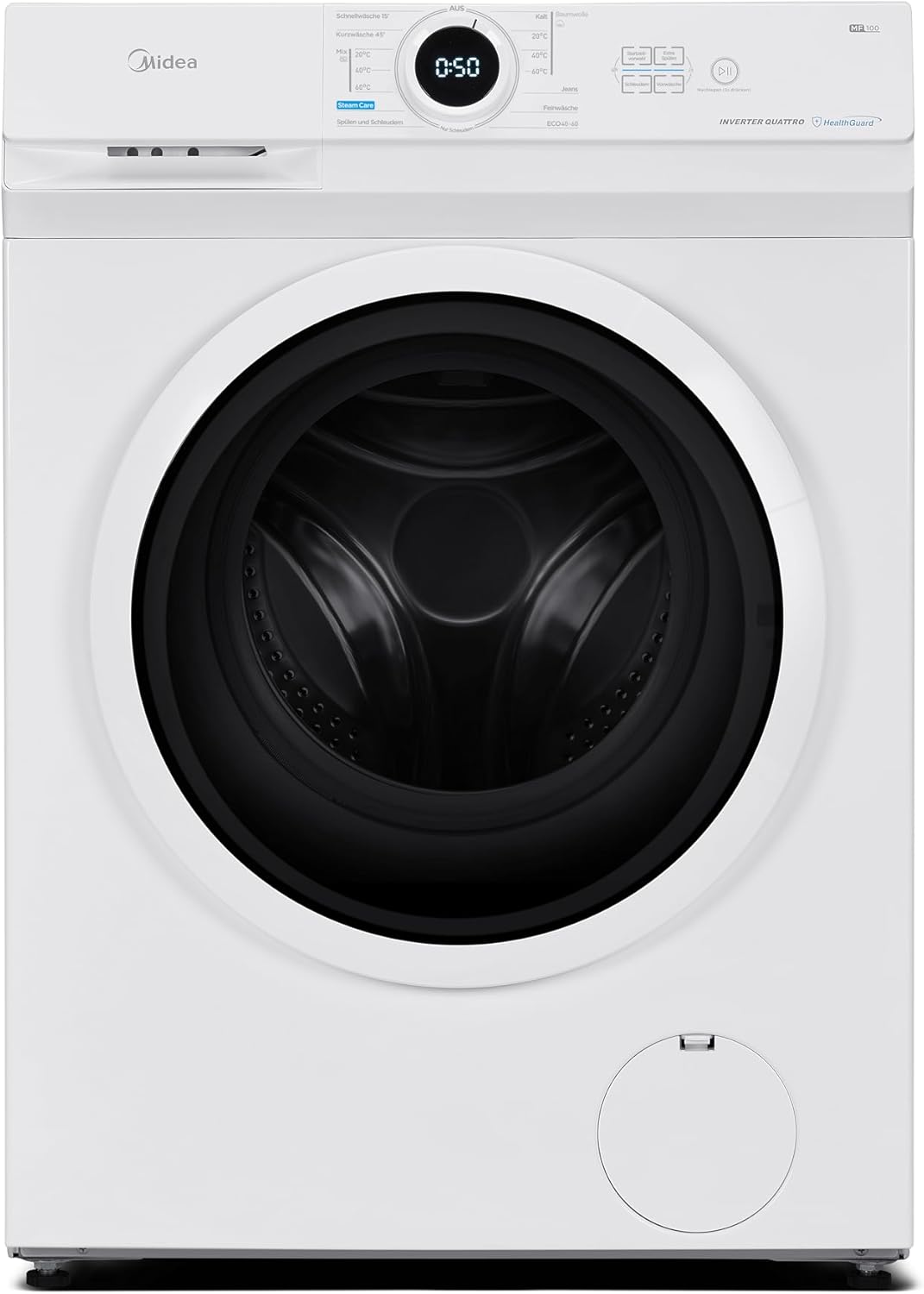 Midea MF10EW100B Washing Machine / 10 kg / 1400 rpm / Energy Efficiency Class A / Inverter Quattro Motor / Steam Function / Large Drum / Refill Function / Child Lock / AquaStop, White