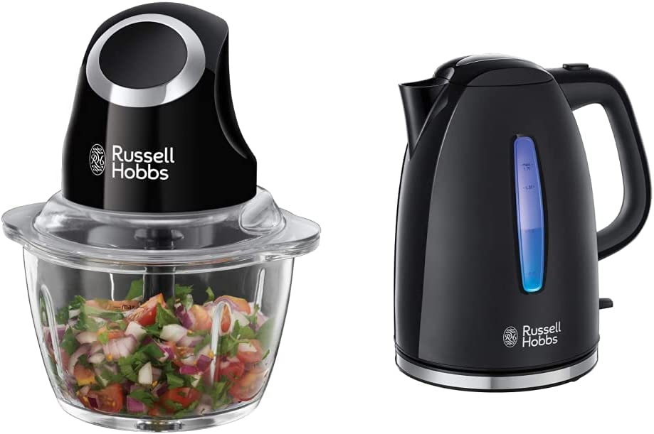 Russell Hobbs Mini Chopper Matt Black (500 ml Glass Container Including Lid) & Meat 24662-56 & Kettle Textures+, 1.7 L, 2400 W, Tea Maker Black 22591-70 [Energy Class A++]