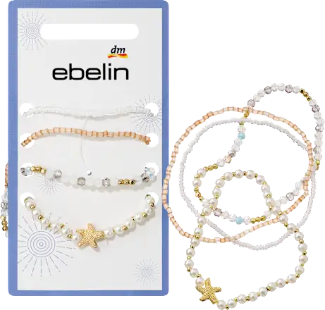 ebelin Elastic bracelets with pearls, white/gold look, 4 pieces