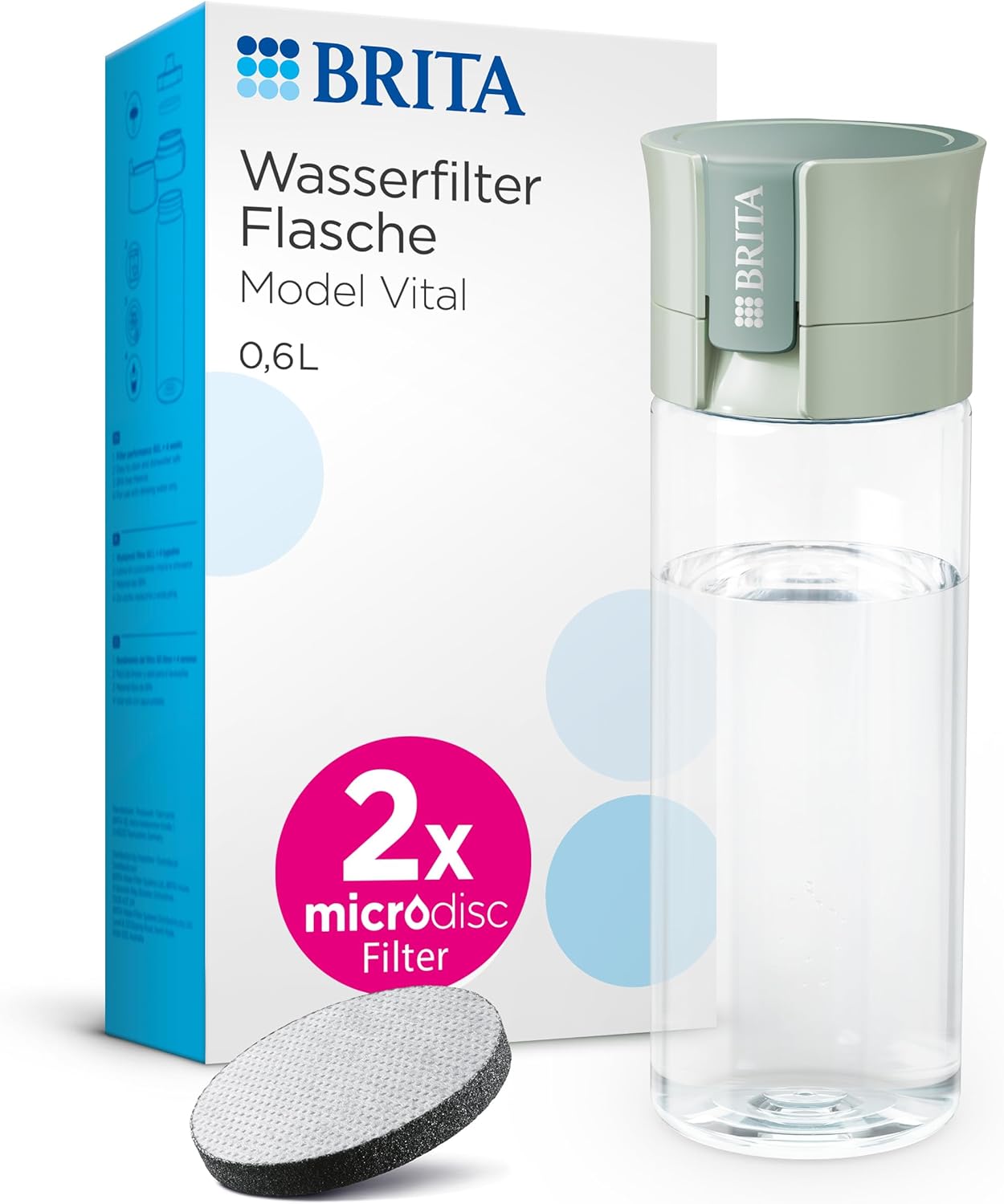 BRITA Model Vital Water Filter Bottle Light Green (600 ml) Including 2 MicroDisc Filters - Practical Water Bottle with Water Filter for Travel, Filters Chlorine & Bacteria When Drinking/Dishwasher