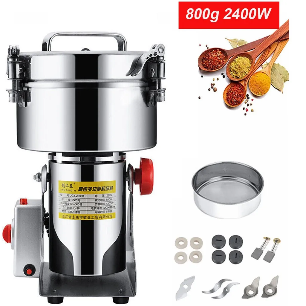 Topchances 800g 2400W Electric Grain Mill, Stainless Steel, High Speed, Grinding Stone Mill for Herbs/Spices/Nuts/Grains with Overload Protection