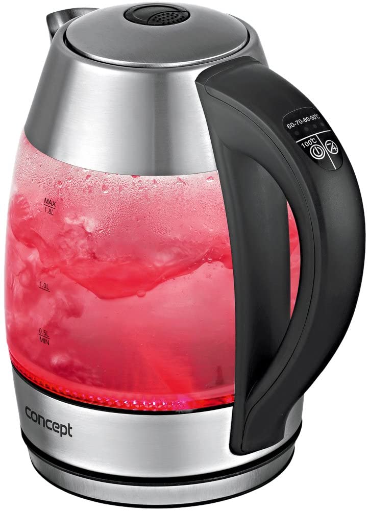 CONCEPT Hausgeräte RK4065 Glass Kettle, Removable Anti-Limescale Filter, 1.8 L with Temperature Setting, 2200 W, Stainless Steel / Glass