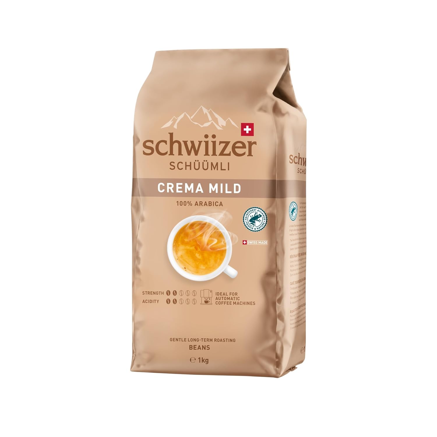 Schwiizer Schüümli Store Schwiizer Schüümli Crema Mild, 100% Elegant Arabica Coffee Beans, Harmoniously Gentle, Ideal for Fully Automatic Machines, Thickness 2/5, Light Roasting, Rainforest Alliance, 1 kg