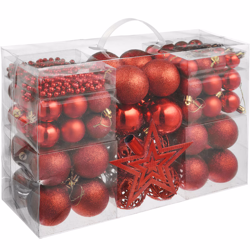 84 unbreakable Christmas tree baubles with chain and star in red - red