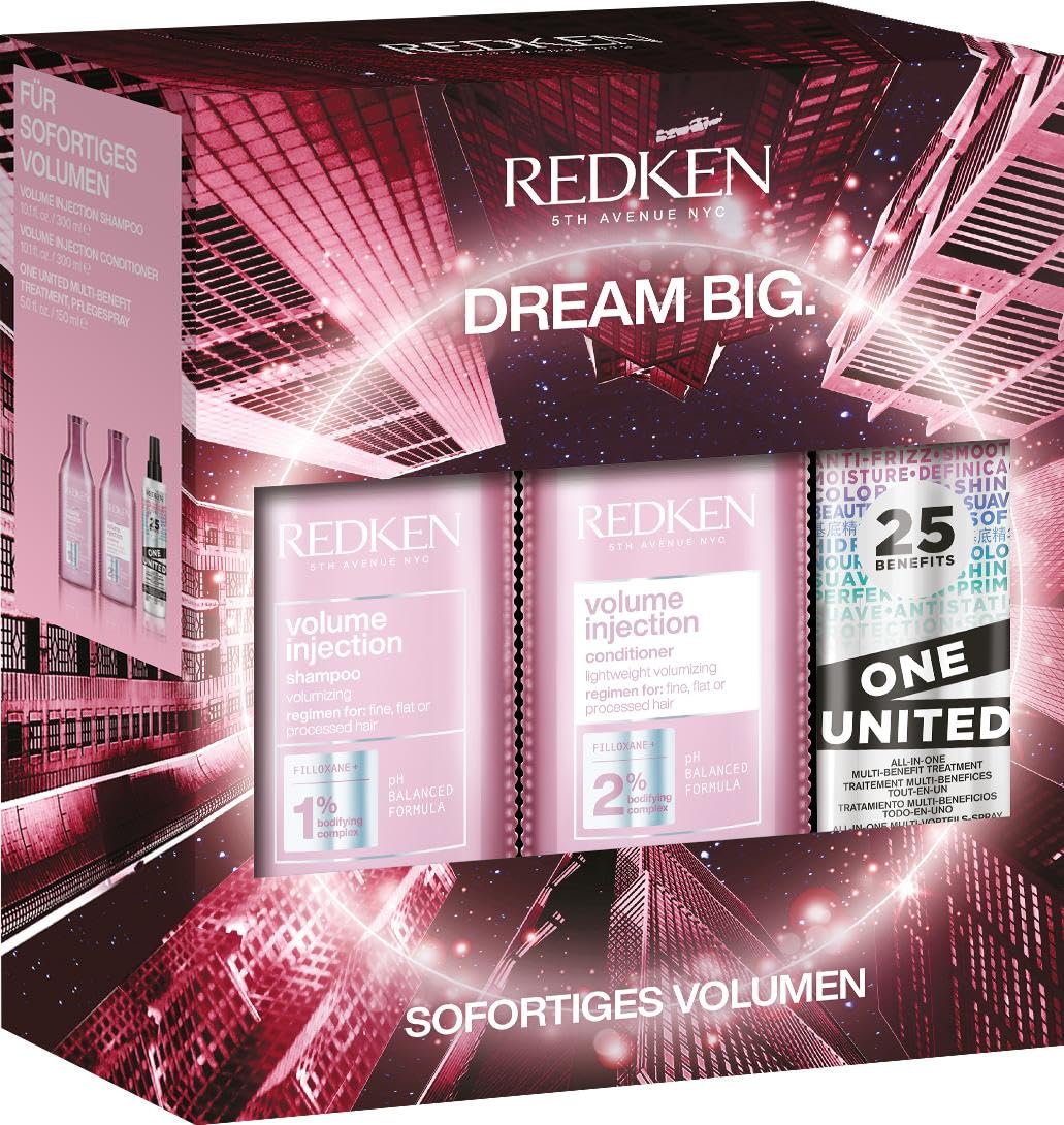 Redken Care Set with Repairing Volume Boost, Volume Injection Shampoo 300 ml & Conditioner 300 ml, One United Multi-Benefit Treatment 150 ml with Heat Protection