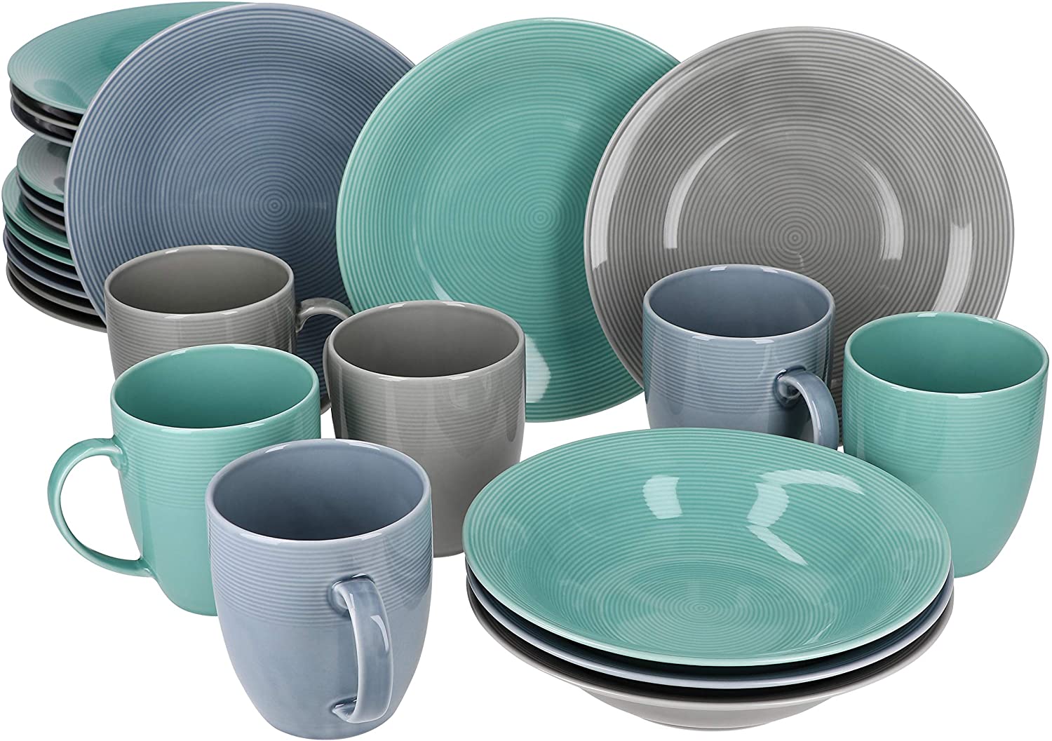 Van Well 24-Piece Jive Crockery Set for 6 People Coffee mug Soup Plate Cake Plate Flat Dinner Plate Elegant Porcelain Dishwasher Safe Colourful